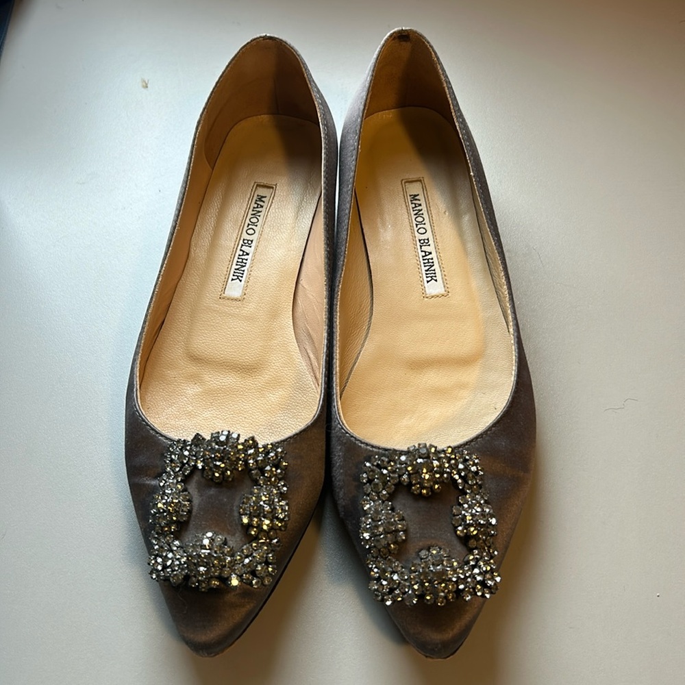 Manolo Blahnik Gray Crystal Embellished Flats